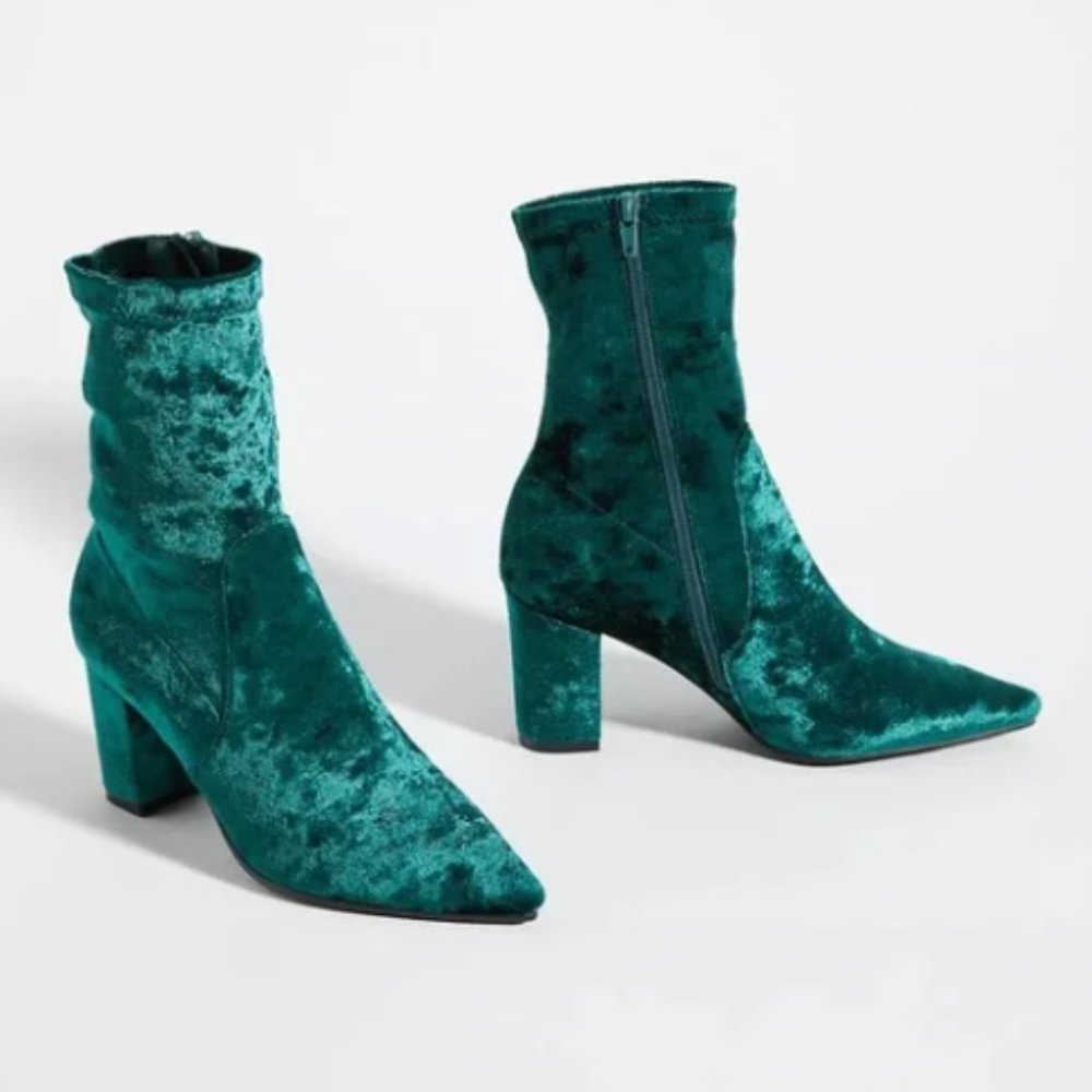 Anthropologie Green Velvet Silent D Nider Sock Heel Boots